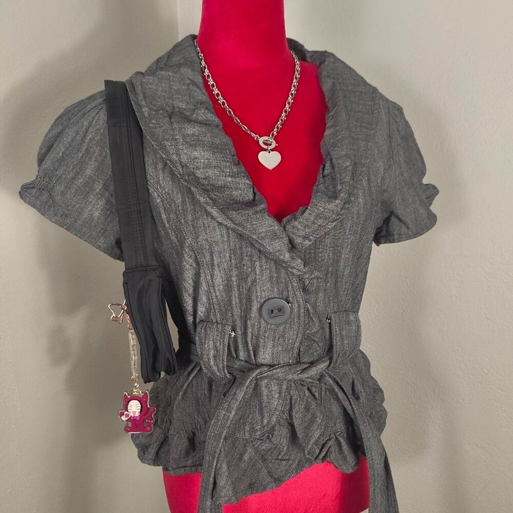 Y2K 2000s Gray Waist Tie Collared Office Siren Blouse Top Large